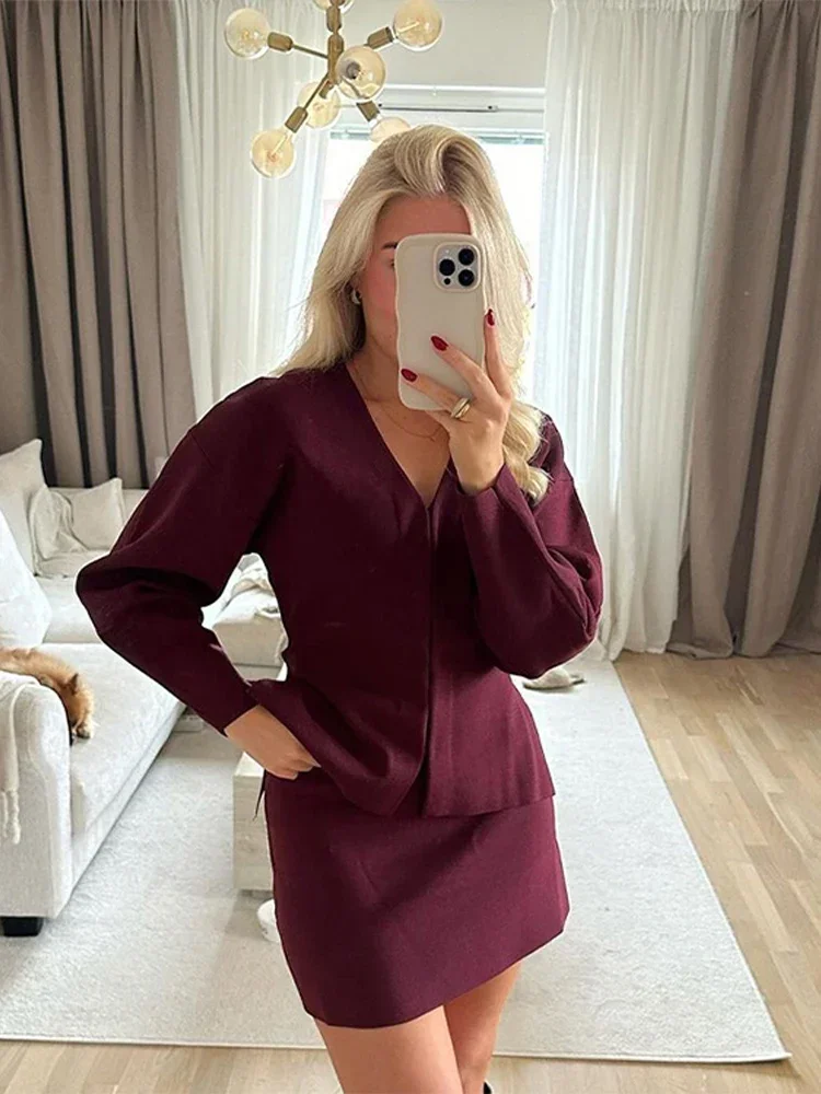 ZBZA Women Knit Cardigan Short Skirt Suit V-Neck Concealed Button Cardigan High Waist Mini Skirt Fall Winter New Female Chic Set