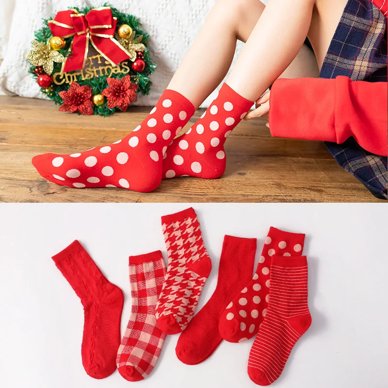 Bright Red Zodiac Year New Year Mid-calf Socks For Women Cotton Checkered Dot Couple Style Wedding Autumn And Winter Long Socks