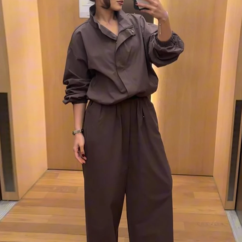 Elastic Waist Pocket Wide Leg Pants Fashion Outfit Casual Sports Style Loose Two Piece High Street Long Sleeved Coat Women Suit
