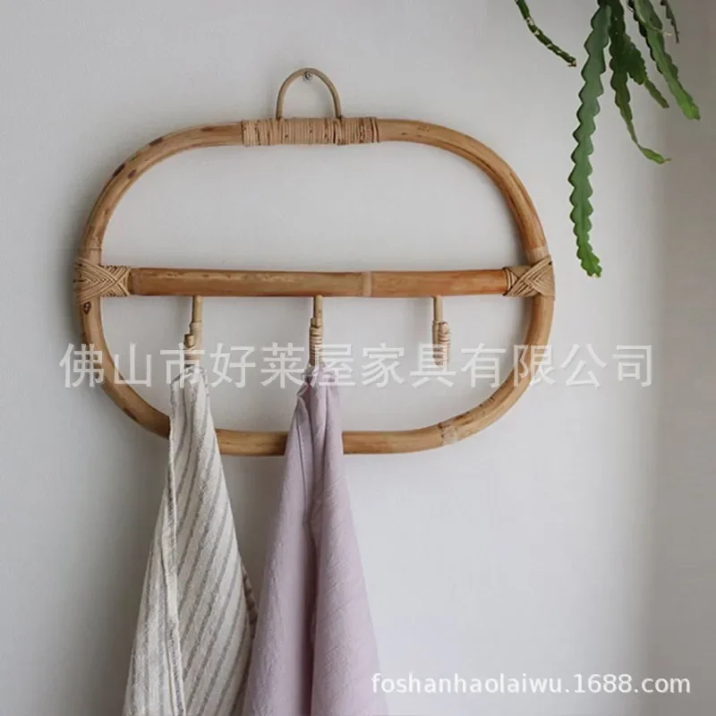 Nordic Simple Rattan Wall Hook Rack Handmade Indonesian Rattan Decorative Towel Hanger for Home Room Decoration Ins Style