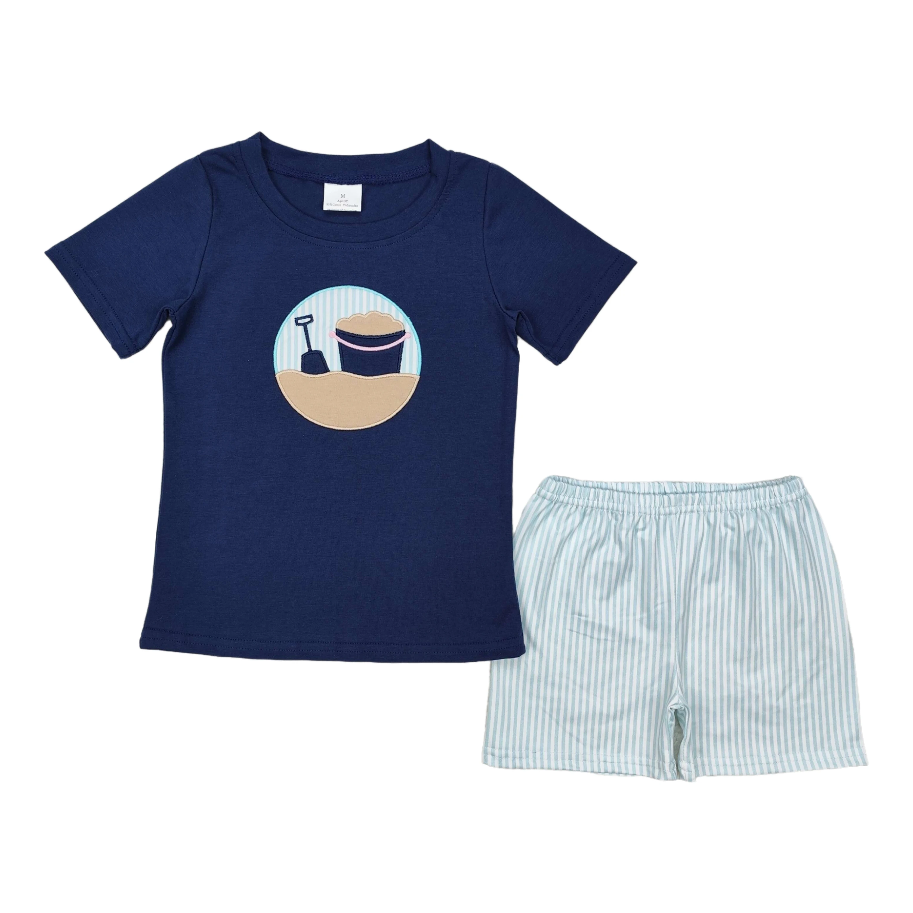 

Wholesale Children Embroidery Summer Sets Toddler Short Sleeves Beach Boats Planes Shirt Kids Shorts Baby Boy Cotton Outfit