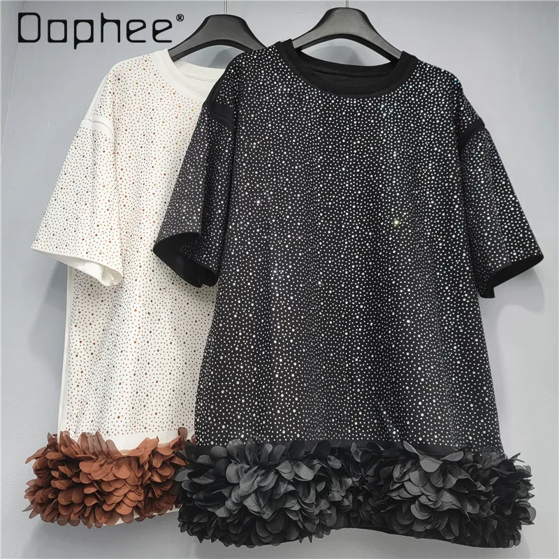

Mesh Petal Patchwork Puffy Mid-Length Top High-End Full Rhinestone Round Neck Short Sleeve Oversized T Shirt Fashion Casual Tops