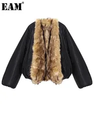 [EAM] Black Big Size Thick Warm Faux Fur Jacket New V-neck Long Sleeve Women Coat Fashion Tide Autumn Winter 2024 1DH4109