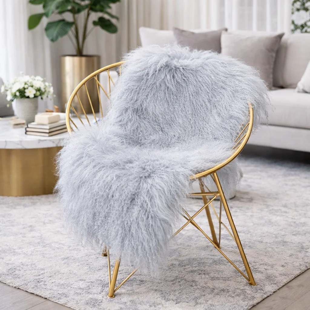 Square Soft Long Hair Mongolian Lamb Fur Chair Cover, Bedroom Rug