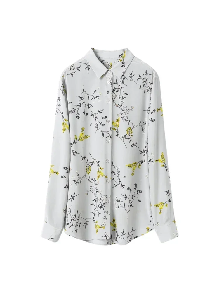 Woman Floral Shirts 100%Mulberry Silk Turn Down Collar Printed Chic Blouses 2023 Spring Summer Grey Top