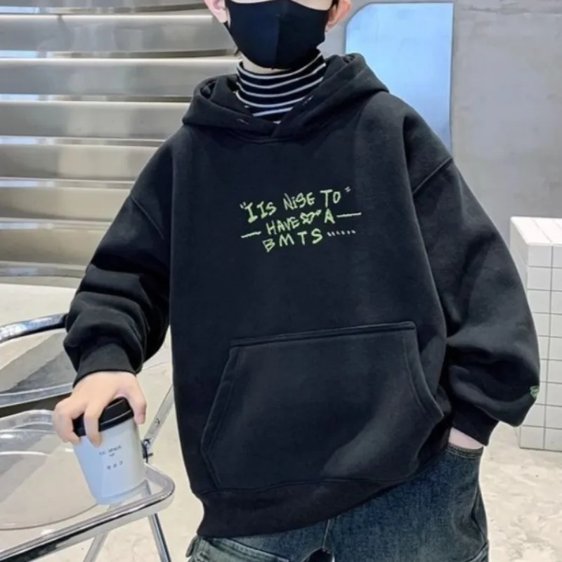 

2025 New Boys' Mid-Large Autumn Winter Integrated Fleece-Lined Korean-Style Stylish Trendy Hoodie - Warm Winter Kids Top