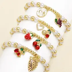 FLOLA Red Crystal Cherry Strawberry Bracelets for Women Copper Gold Plated Fruit Jewelry Friends Gifts brtm81