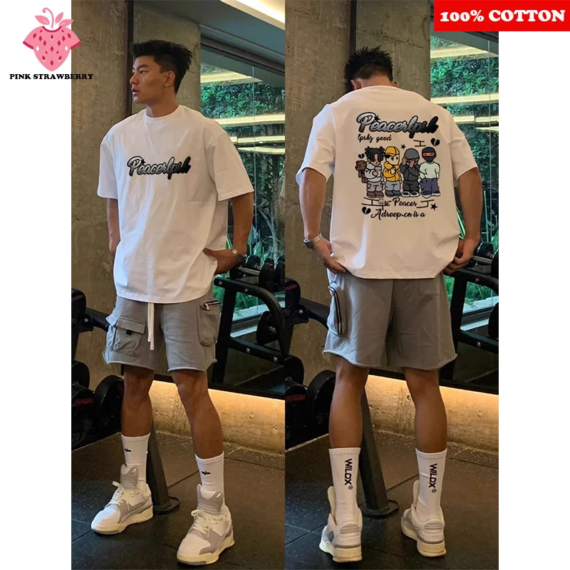 

American Street Hip Hop Print T-shirt Men Summer 2025 New 100% Cotton short sleeves Gym Sports Tee Loose Y2k Top mens clothing