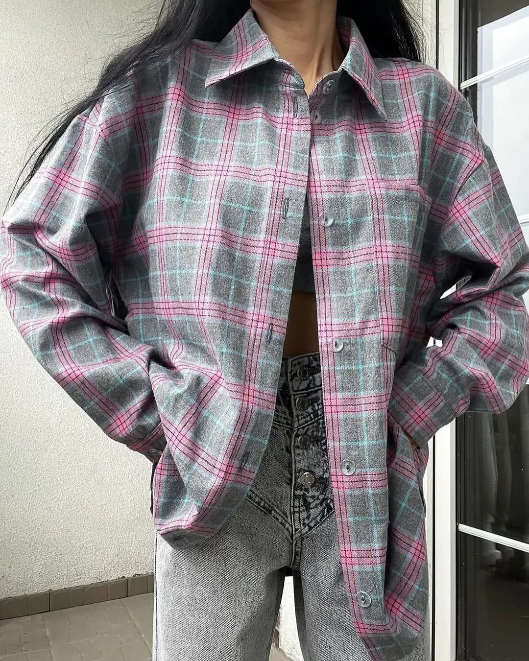 Womens Button Down Flannel Shirts Long Sleeve Plaid Shackets Business Casual Blouse Top