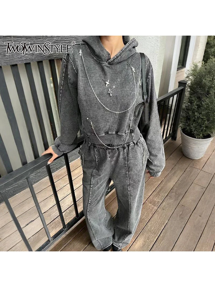 TWOTWINSTYLE Chic Two Piece Set For Women Hooded Long Sleeve  Top High Waist Wide Leg Pant Streetwear Sets Female Fashion New