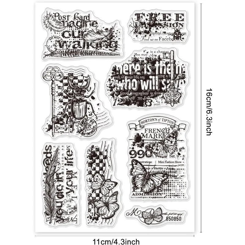 1Sheet Retro Keys and Feathers Clear Stamps for Cards Making Vintage Text Background Clear Stamp Seals Transparent Stamps