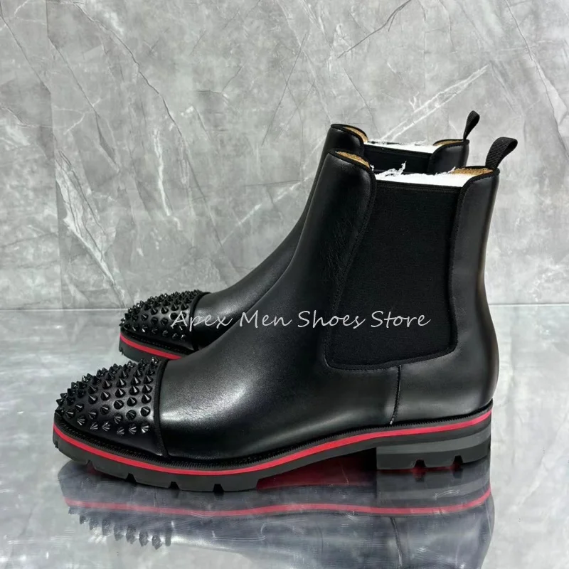Rendy Round Toe Rivet Men\'s Chelsea Boots Autumn Winter Versatile Low Heel Leather Non Slip Handmade Shoes Vintage Men Boots