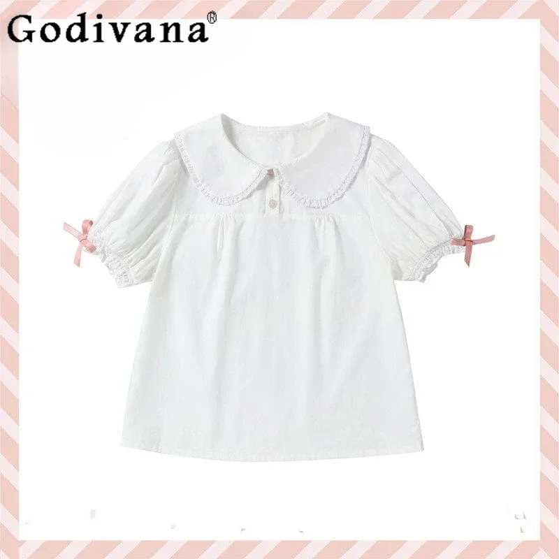 

Лето 2024, новая мода, белые элегантные рубашки с бантом, японские милые милые девчачьи блузки Лолиты с пышными рукавами, женские короткие топы Y2k