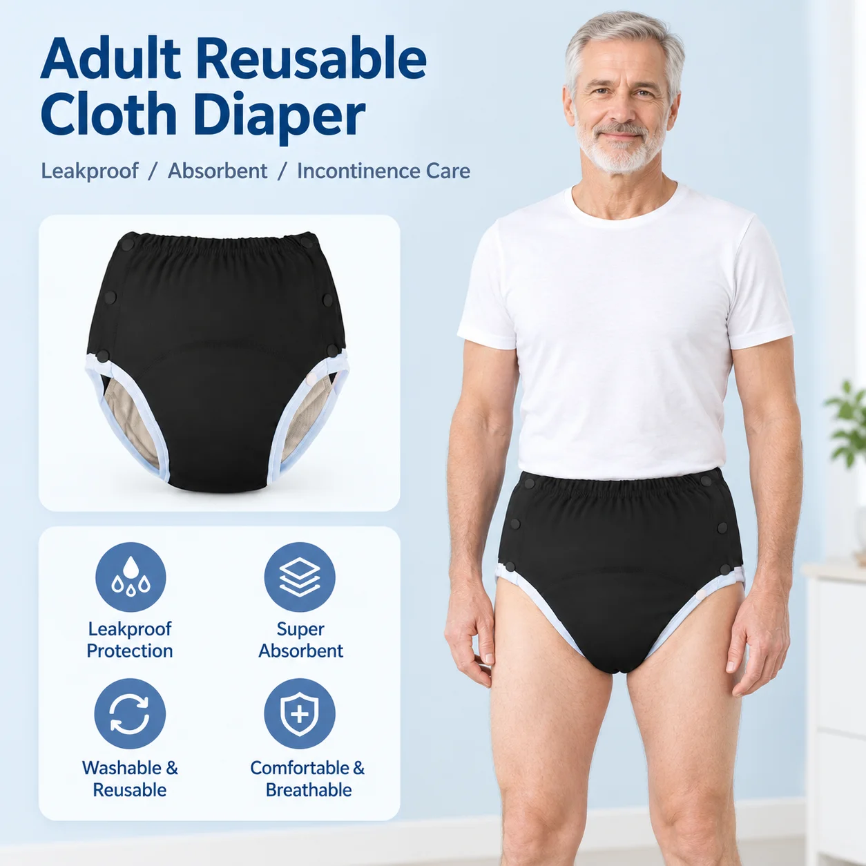 Reusable Adult Cloth Diaper Cotton Solid Color Side Snap Adjustable Leg Leak Proof With Absorbent Insert