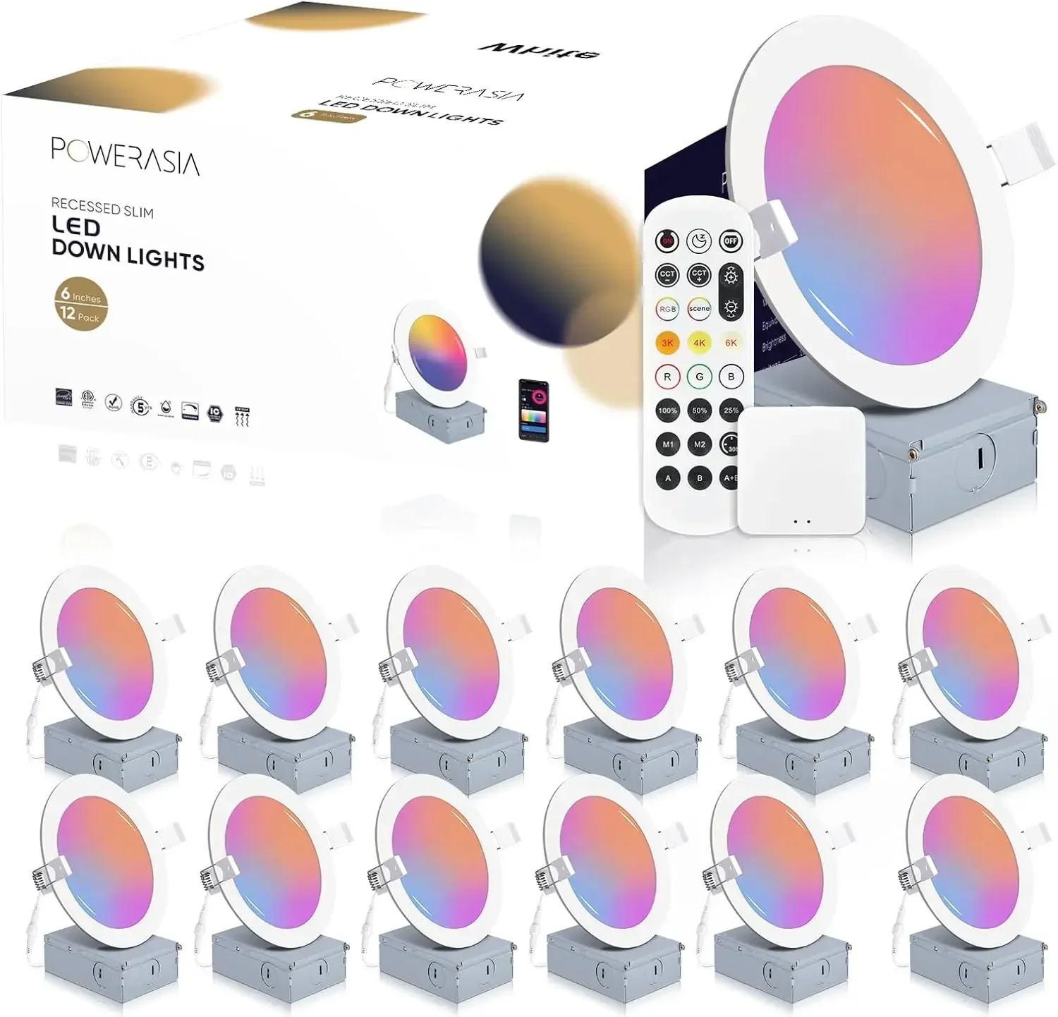 

Комплект из 12 умных встраиваемых светильников 6 дюймов, ультратонкие светодиодные встраиваемые светильники 12 Вт 1200 лм, умные даунлайты с распределительной коробкой