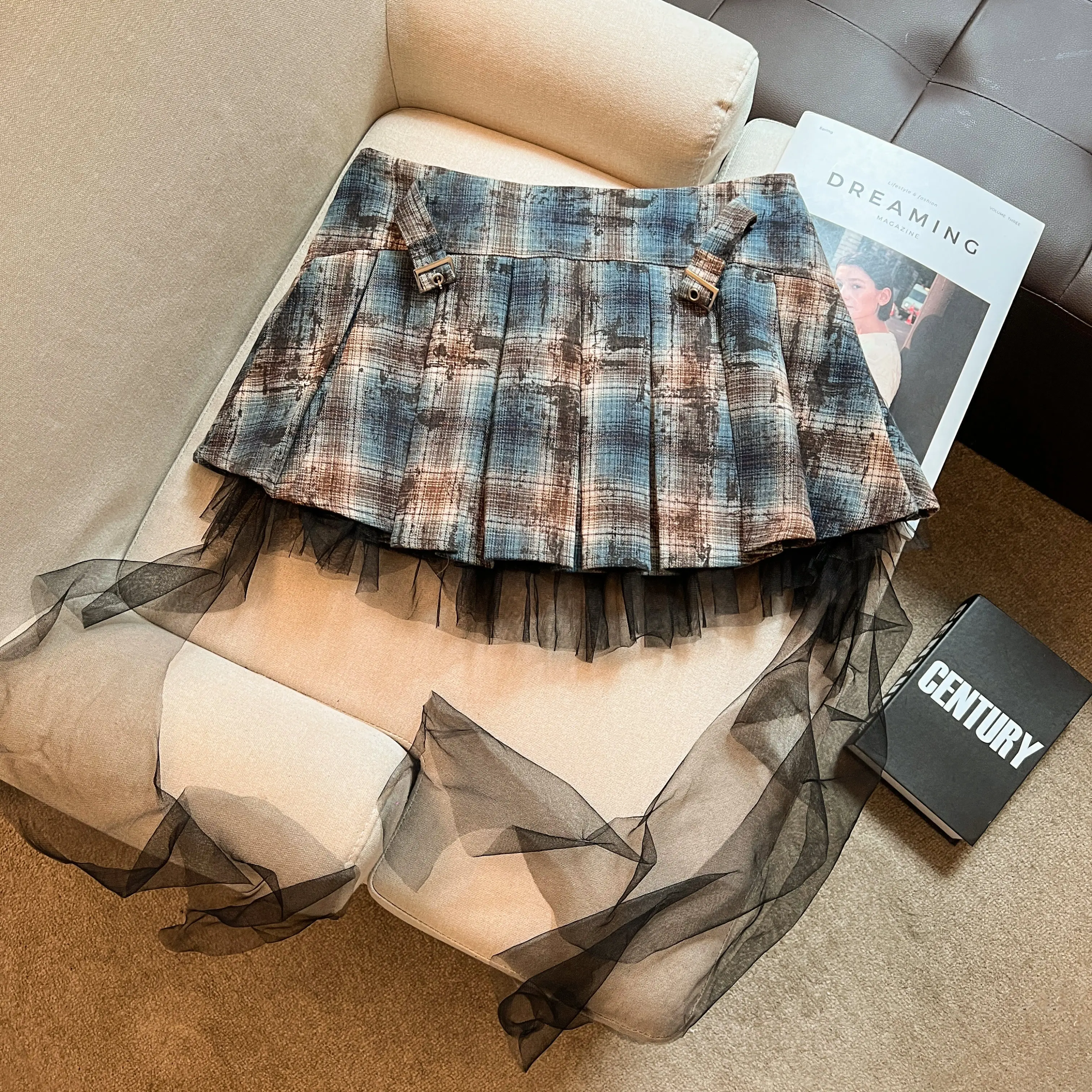 Feminino retro picante menina vintage xadrez renda borda borla saia plissada saia curta feminina verão a linha magro ajuste saia y2k