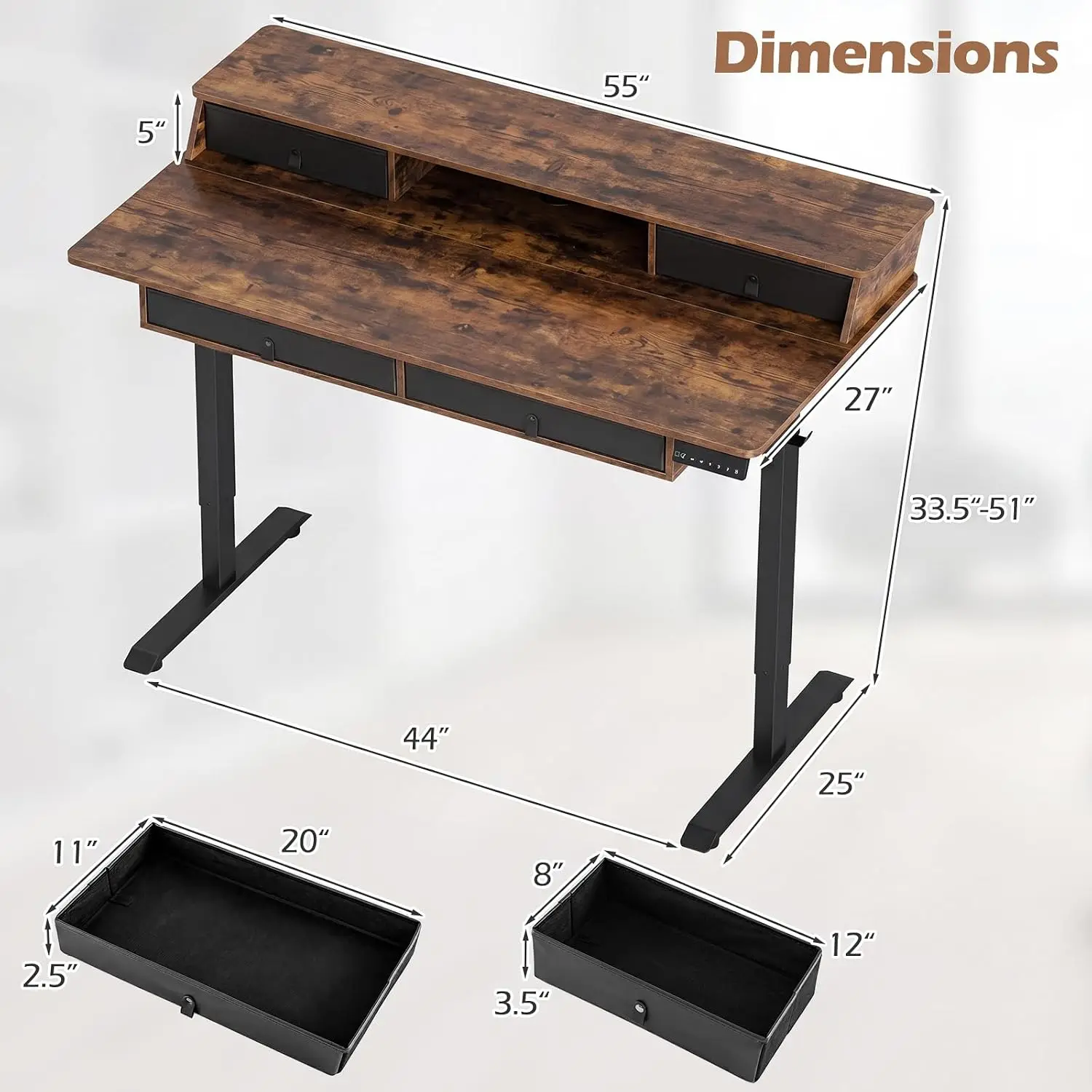 Electric Standing Desk 55-Inch with 4 Drawers & Monitor Stand, Height Adjustable with 3 Memory Heights & Hook, , Customized