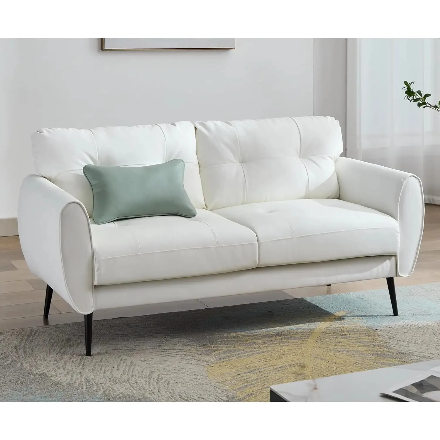 Sofa Couch Small Loveseat Couches for Living Room White Leather Couch Mid Century Modern Tufted Mini Sofa Comfy Office 2 Seat