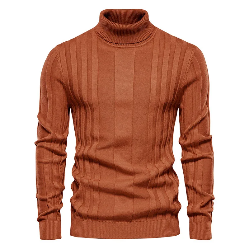 

Striped Turtleneck Mens Sweaters High Quality Autumn Winter Long Sleeve Knitted Pullovers Soild Color Basic Sweater for Men