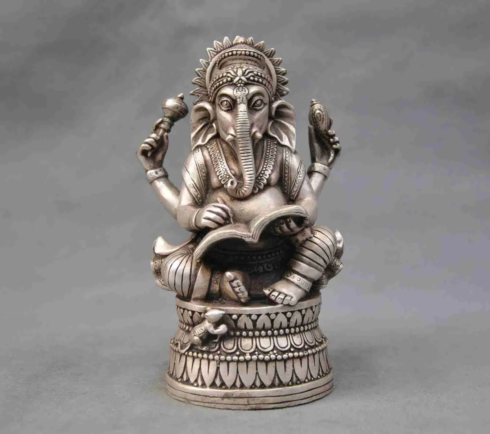 

Free Shipping 17cm China Silver Bronze Buddhism Elephant Ganesha God of Wealth Statue