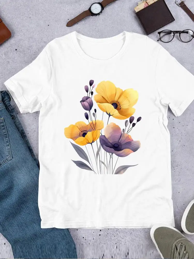 Women Short Sleeve T Clothes Casual Ladies Printed Fashion Female Feather Flower Floral Clothing Top Tee O-neck Printing T-shirt