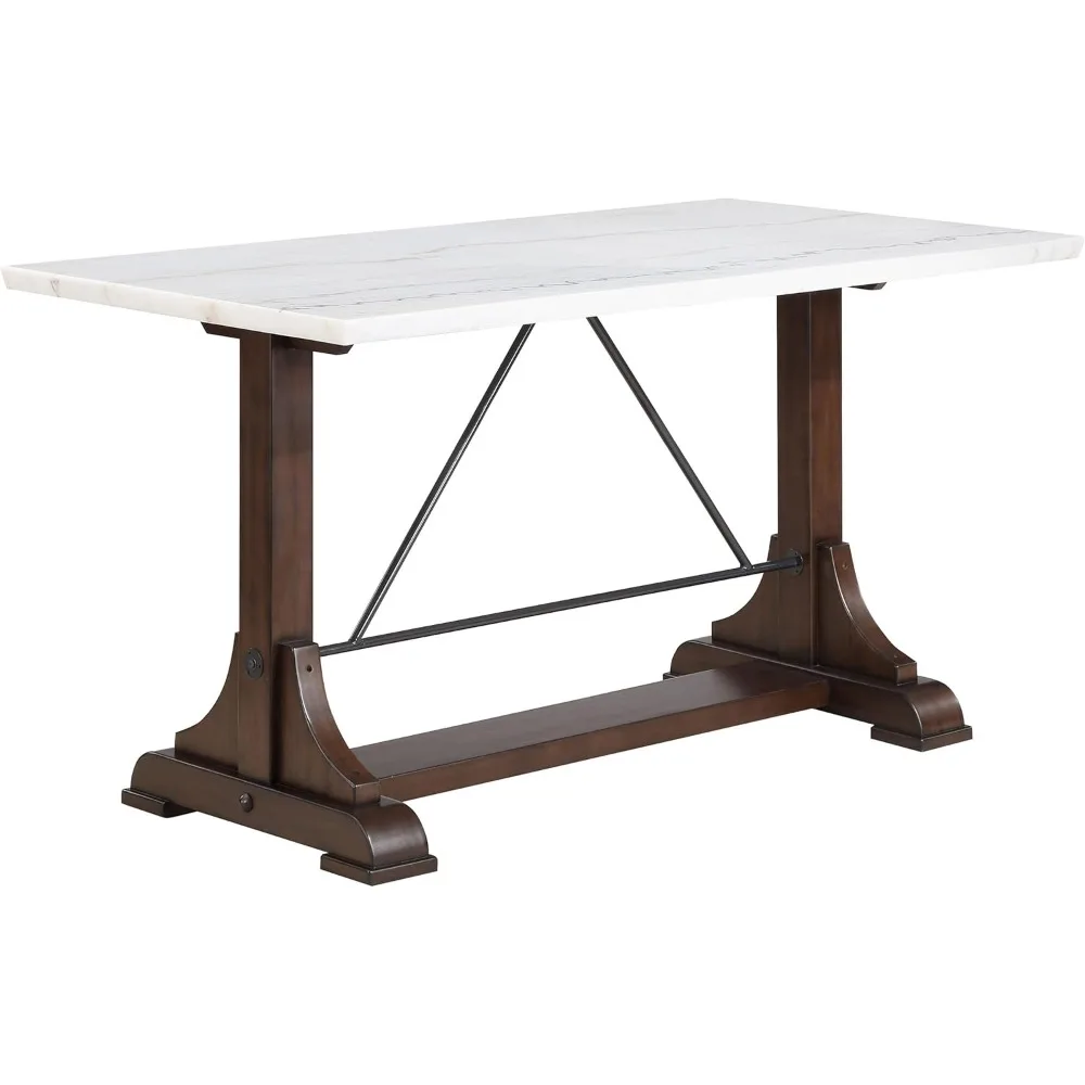 Counter Height Trestle Base Dining Table with Genuine White Marble Top Dark Brown