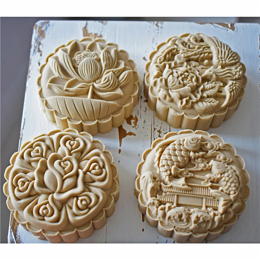 4Pcs/Set 200g Chinese Traditional Big Gram Mooncake Mold Love Lotus Fish Dragon Dessert Pastry Stamp Hand Press Plunger Bakeware