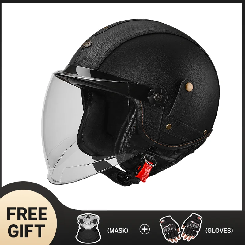 

DOT мотоциклетный шлем с открытым лицом и отделкой из натуральной кожи 3/4, с прозрачным козырьком, стильное городское снаряжение для верховой езды, адаптируемое хардровое восхождение для взрослых