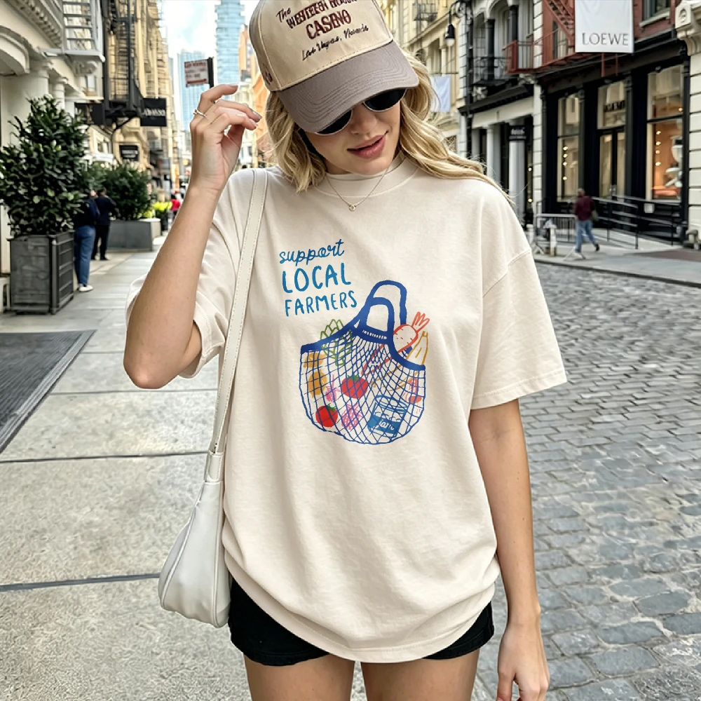 Cute Fruit Y2K European Summer Vegetable Farmer Cotton T-Shirt for Women Crew Neck Short Sleeve Blue Handles Cartoon Tops Rabbit