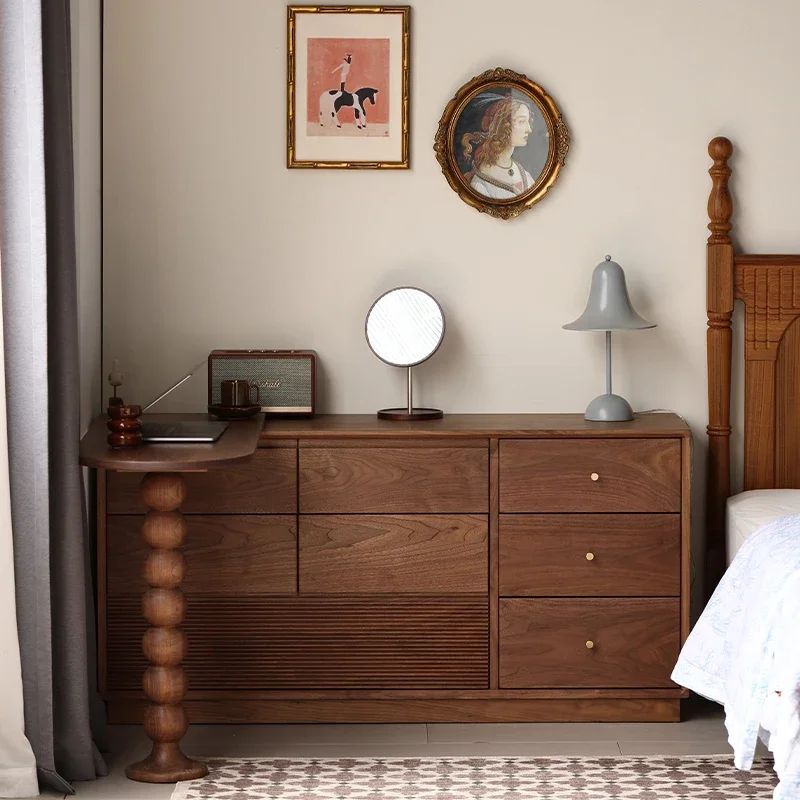 Mujia Furniture Black Walnut Bedroom Large Bucket Cabinet Solid Wood Retro Wall Locker Corner Storage Cabinet Drawer Cabinet