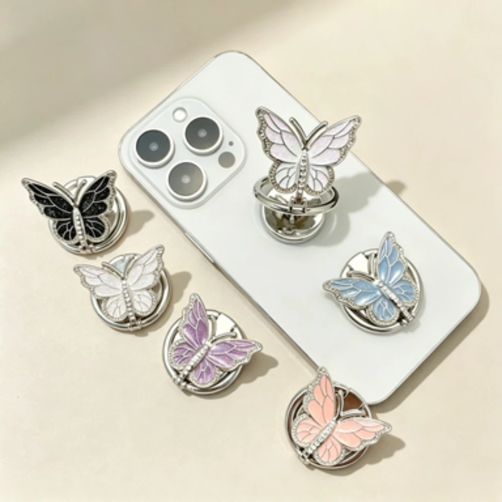 Glitter Butterfly Phone Ring Grip with Round Mirror, Universal Cellphone Holder Stand for iPhone Samsung Xiaomi