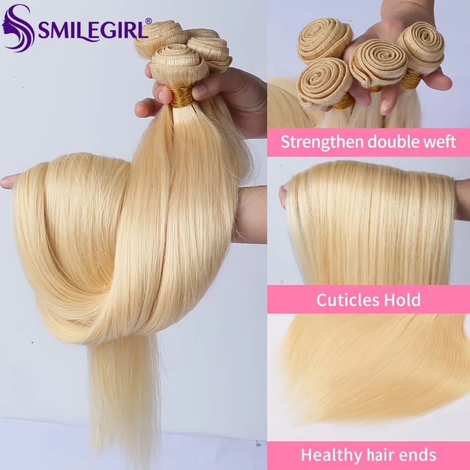 

Smilegirl 613 Straight Bundles Human Hair Raw Cuticle Aligned Blonde Virgin Hair Bundles Unprocessed Brazilian Hair Weave Double Machine Weft Soft Smooth Hair Extensions For Women Salon Daily Hairstyle 6-32 Inch