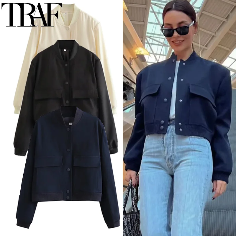 TRAF Woman 2024 Jackets Long Sleeve Autumn Bomber Jackets Women Winter Button Cropped Black Jacket Aviator Casual Short Coats