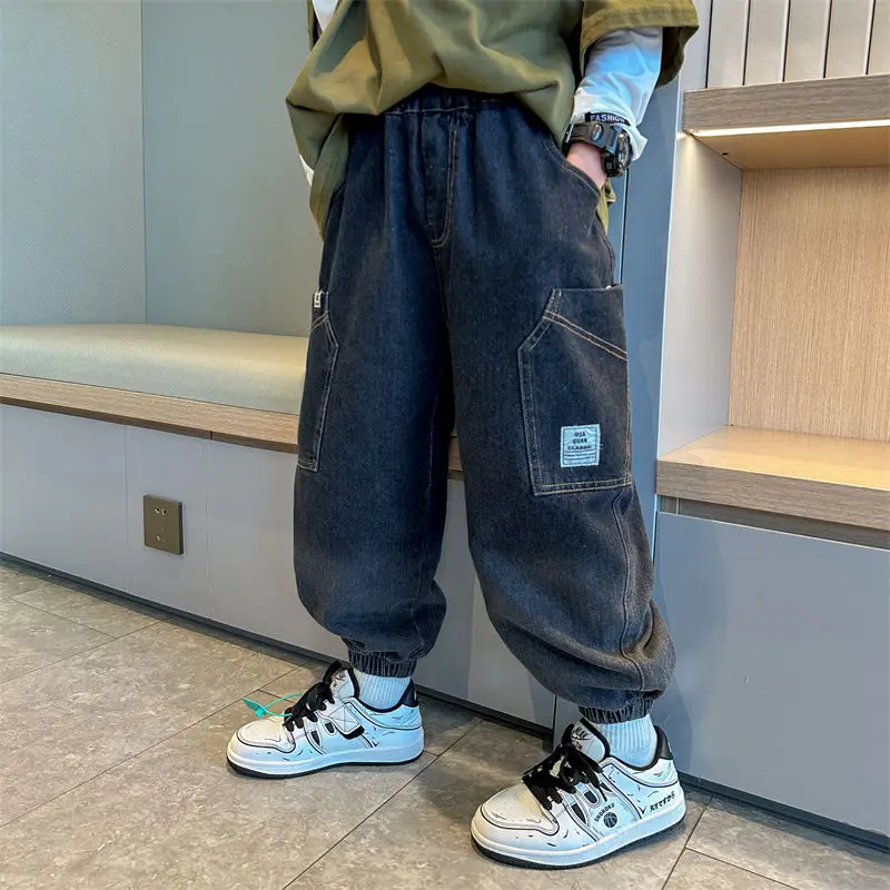 

Повседневные джинсы для мальчиков весна-осень 2025 года — стильные длинные брюки для больших и высоких детей, корейские прямые джинсы для мальчиков 8–12 лет