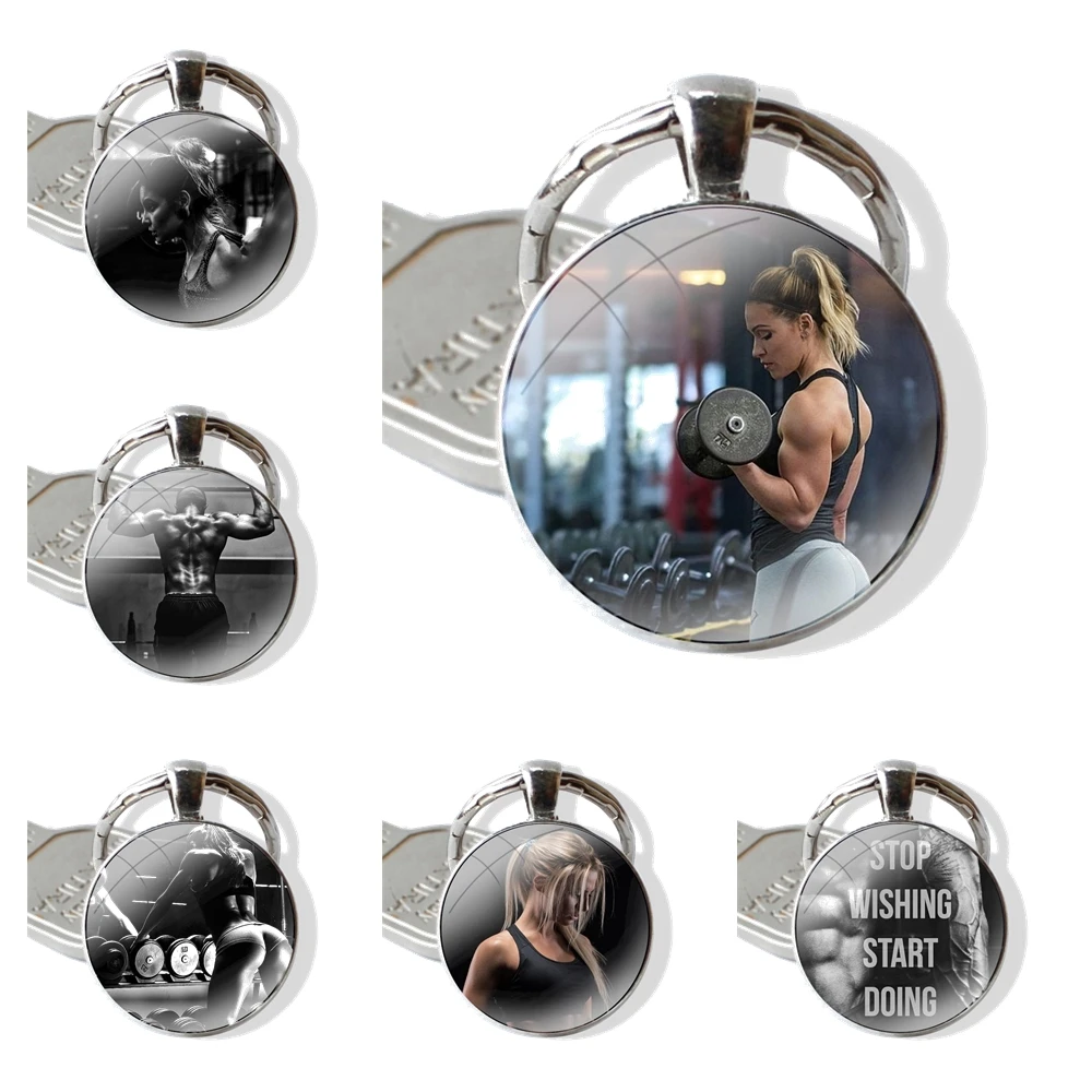 Gym Fitness Bodybuilding 25mm Glass Cabohcon Keychain Key Rings for Women Men Jewelry Gift