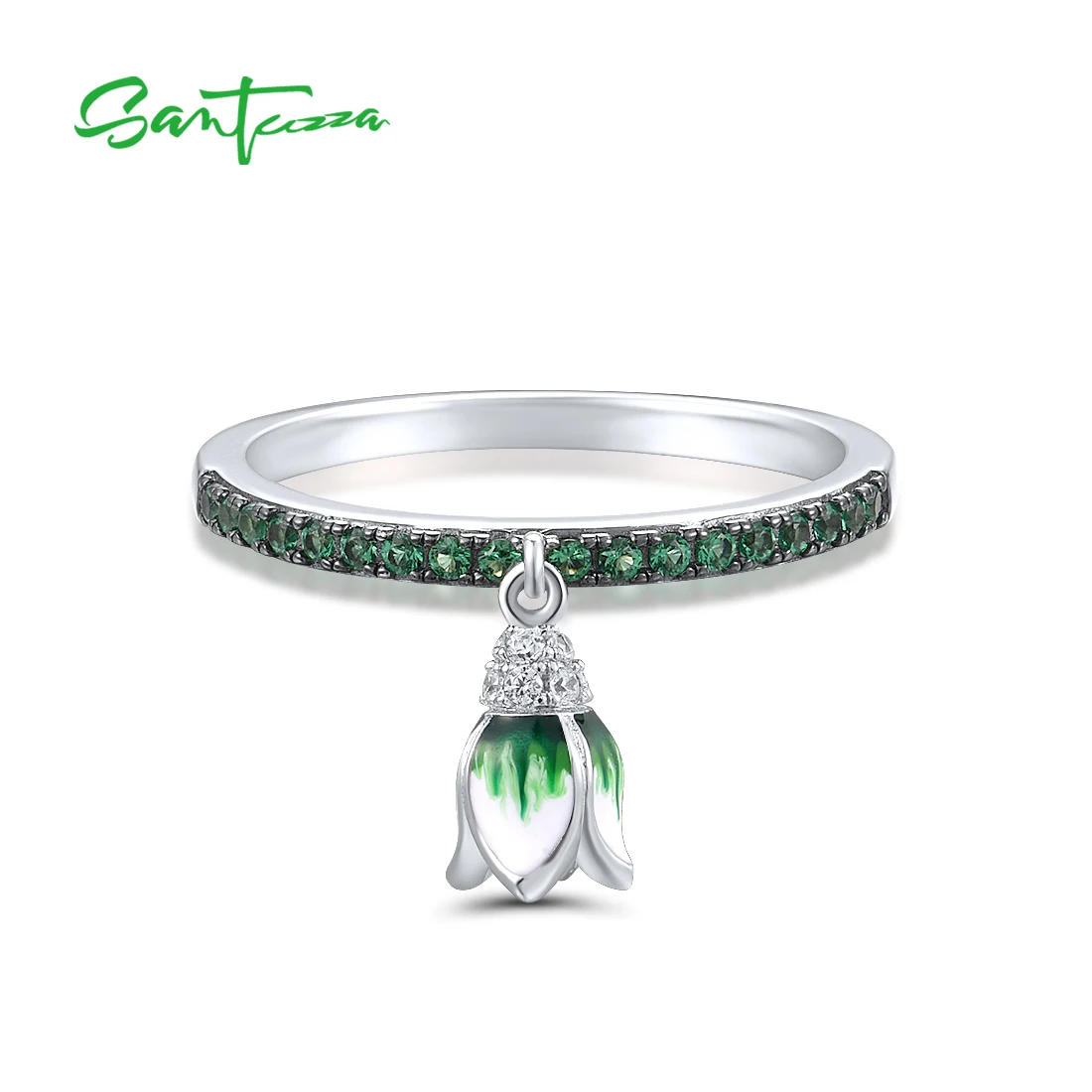 SANTUZZA Real 925 Sterling Silver Rings For Women Sparkling Green Spinel Danling Tulip Flower Charming Gifts Fine Jewelry Enamel