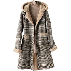 2022 Winter New Women Plaid Woolen Voat Faux Fur  One-Piece Plus Velvet Thicke Warm Mid-Length Hooded Woolen Jacket Female A1140