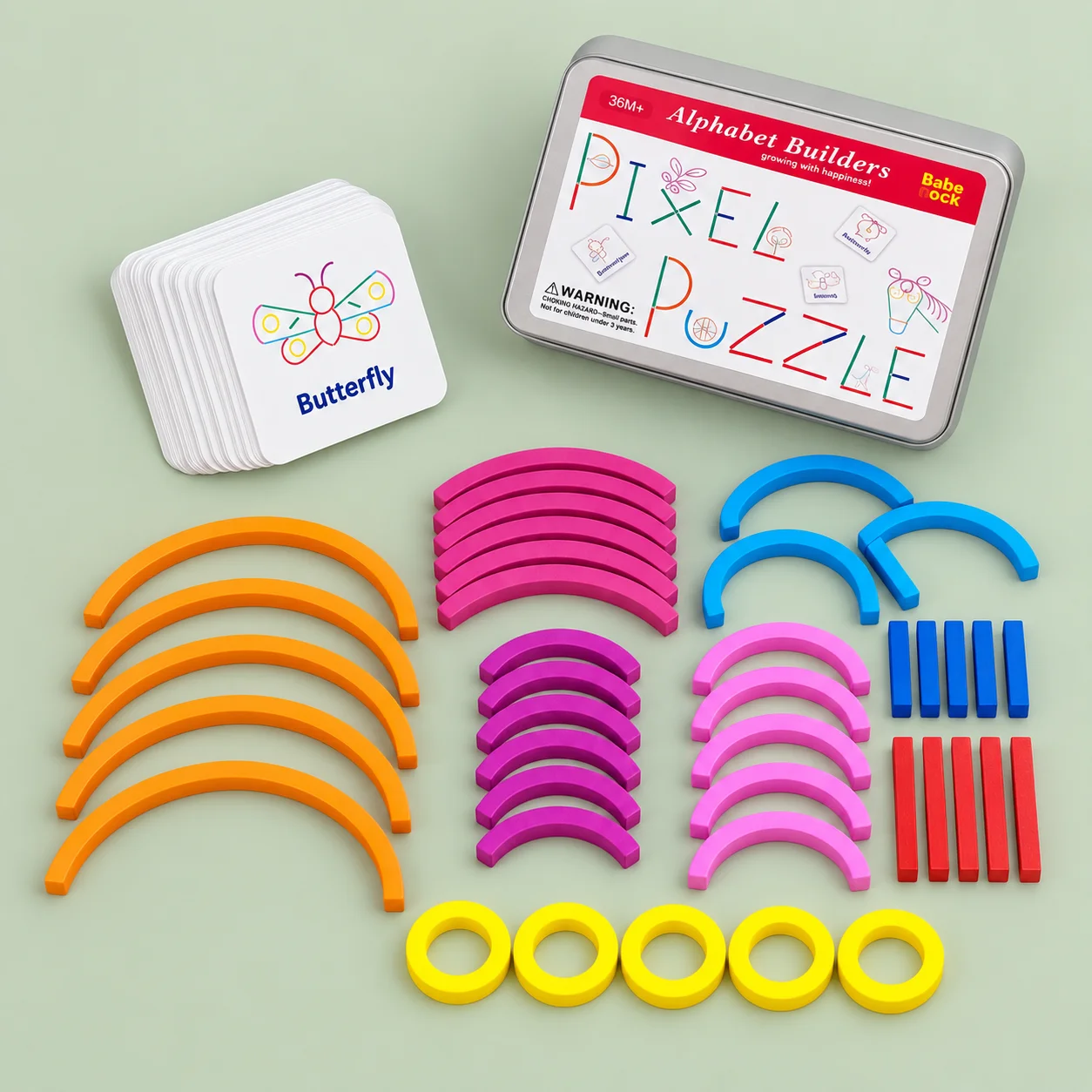 Colorful Wooden Shape Builder Set with Pattern Cards, Creative Arc and Stick Construction Kit, Hands On Learning Puzzle Toy with