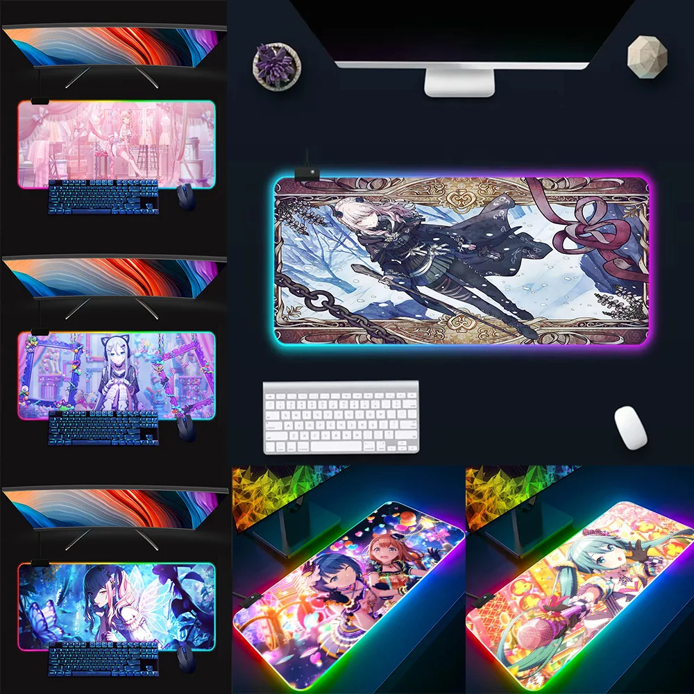 P-PJSK Project Sekais RGB Pc Gamer Keyboard Mouse Pad Mousepad LED Glowing Mouse Mats Rubber Gaming Computer Mausepad