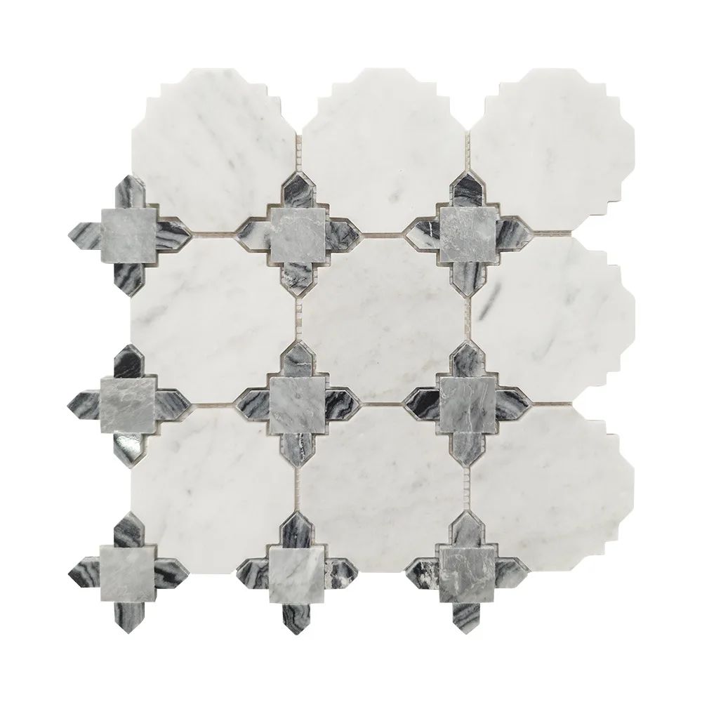 

Graphic design villa application parquet feature hotel villa natural marble Carrara white and light gray mixed marble mosaic