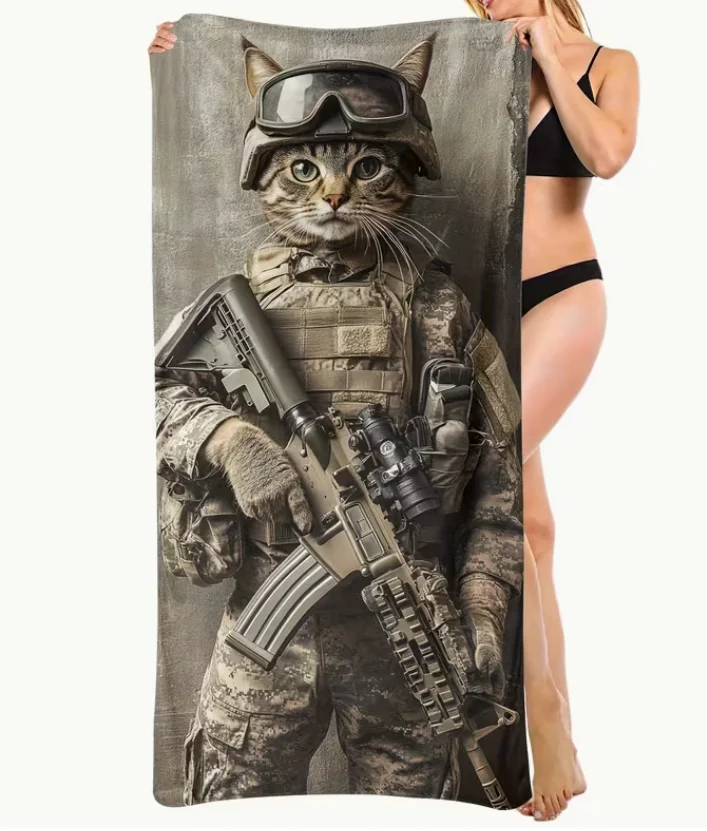 Military Beach Towel Absorbent Sandproof Towel with Tactical Soldier Cat Design Microfiber for Pool Funny Army Pet Lover Gift