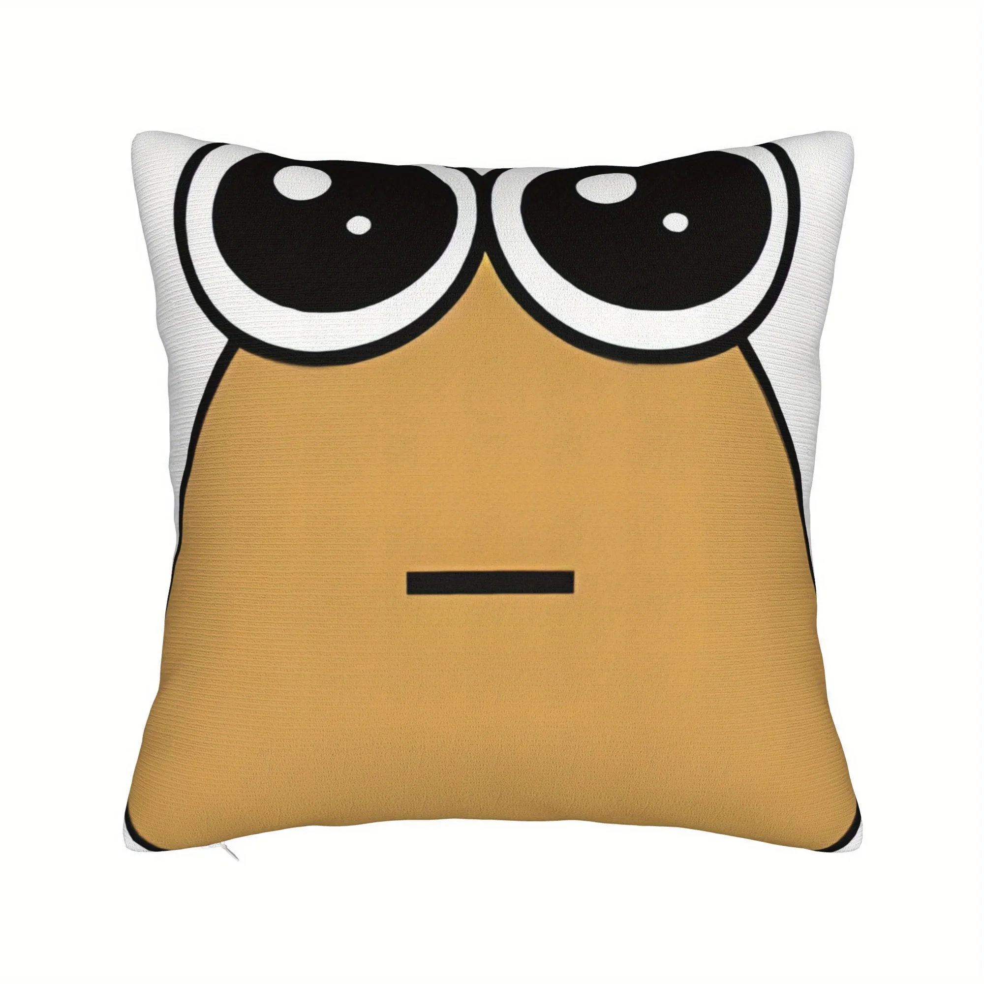 Kawaii Sad-Eye Pillow Cover Tan Blob Character, Giant White Eyes, Minimal Mouth, Soft Polyester, Zipper, Machine Washable