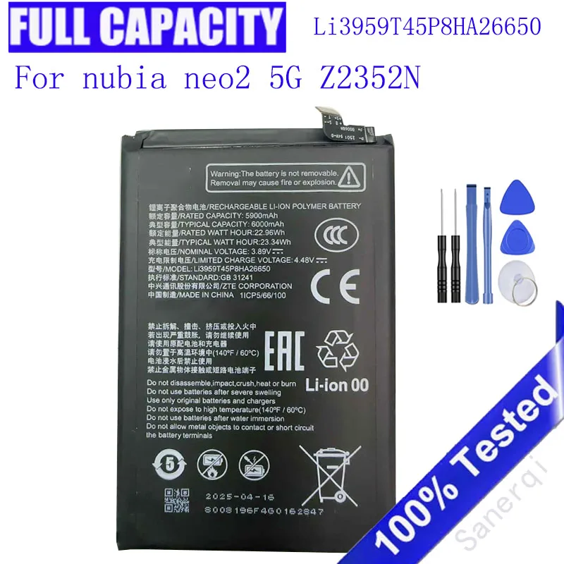 

Оригинальный высококачественный 6000 мАч Li3959T45P8HA26650 для телефона nubia neo2 5G Z2352N ZTE, сменный аккумулятор, аккумулятор Akku + инструменты