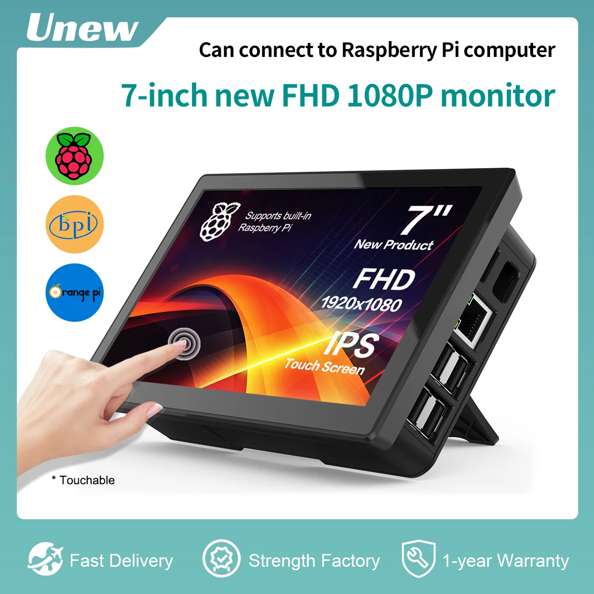 

Unew 7" Raspberry Pi 5 4 3 Touchscreen Monitor 1920x1080 60Hz 16:9 HDMI Speaker Fan for Raspi Drive Free Adapted for Orange Pi