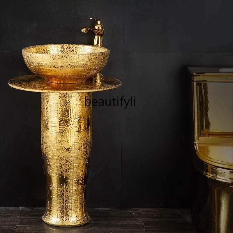 

European luxury gold column ceramic washbasin bathroom balcony floor-to-ceiling gold-plated column basin