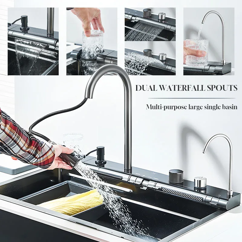 

Grain embossing 304 Stainless Steel Large Single Slot Waterfall Kitchen Sink Pull-out tap Intelligent digital display Cup washer