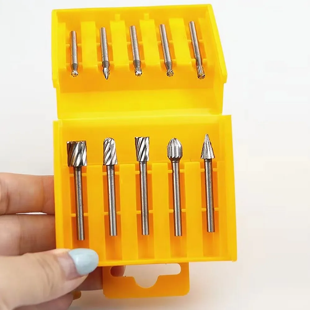 10PCS carbide file set, carbide tungsten steel double-edge rotary file milling head, woodworking grinding and engraving