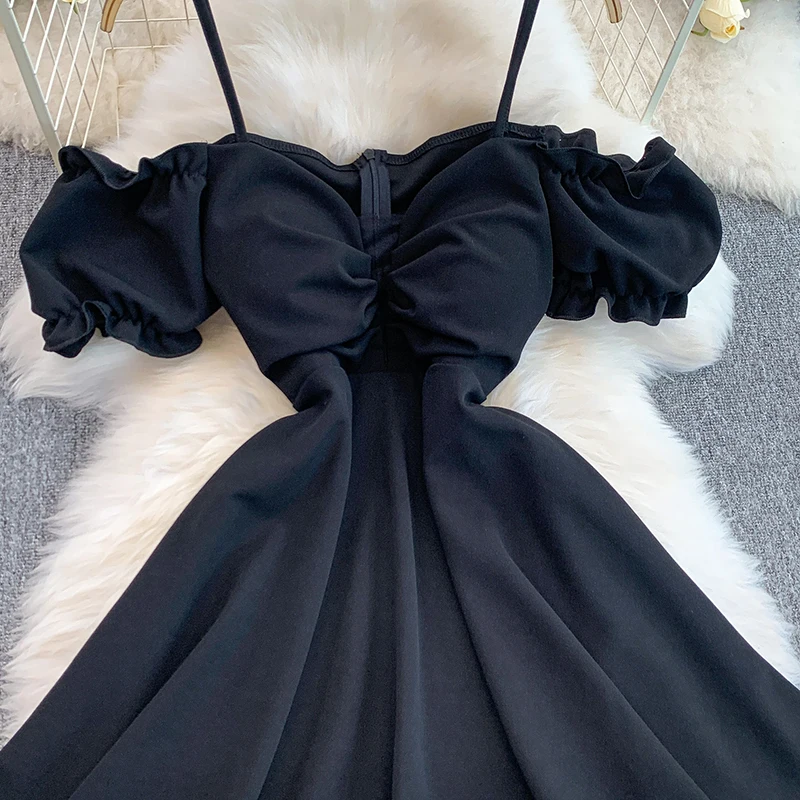 Sommer Sexy Tiefem V Spaghetti Strap Kleid Einfarbig Off Schulter Dünne A-linie Kurze Kleider Club Tragen Weibliche Party Kleid