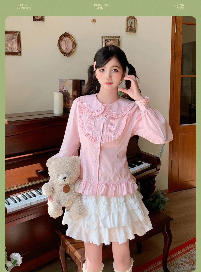 

Рубашки Kawaii Lolita для женщин, однотонная осенняя рубашка принцессы с длинным рукавом, милая и милая белая блузка с кукольным воротником в стиле Лолиты с бантом