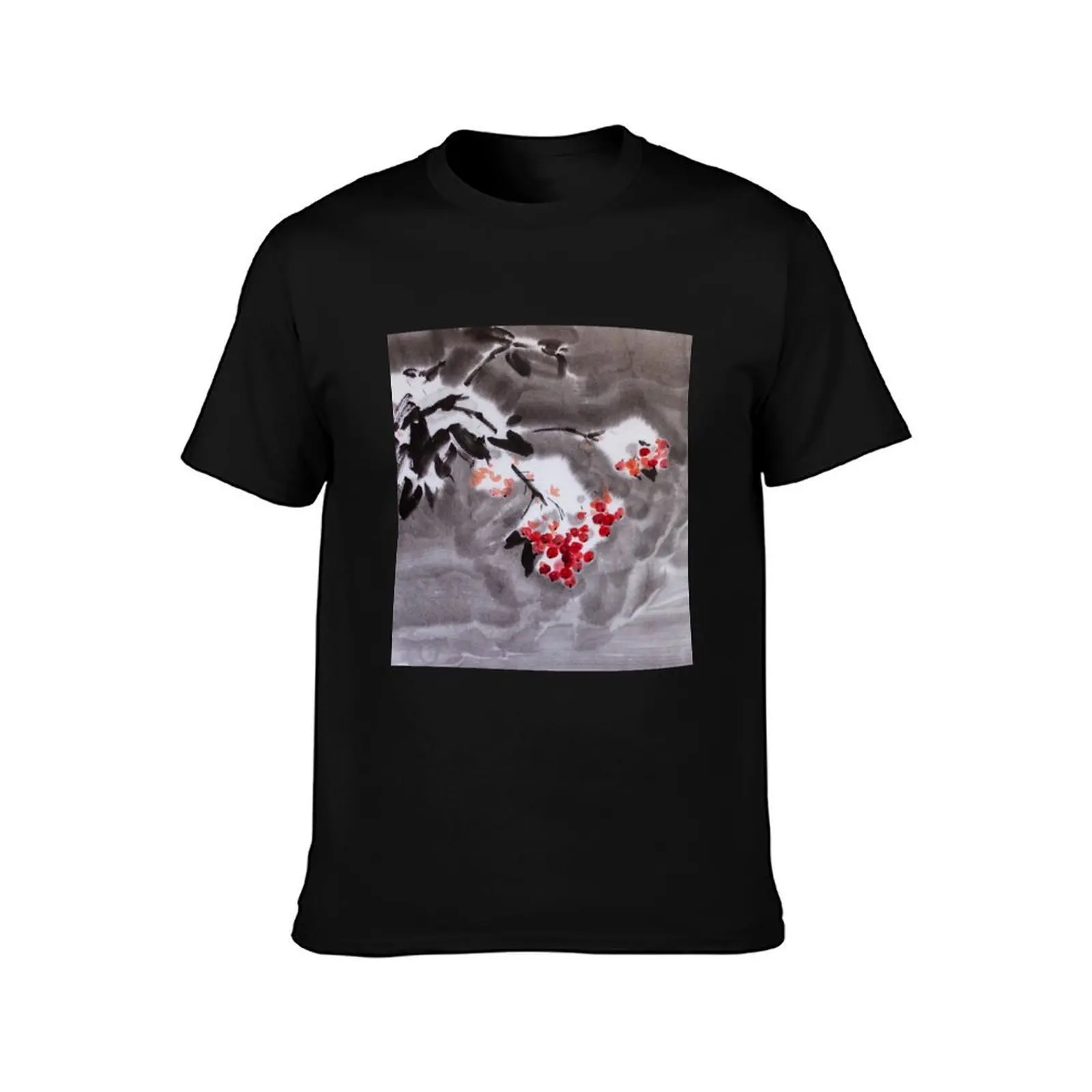 Rowan tree in snow sumie ink watercolor painting T-Shirt, Summer Casual Cotton Tee, Oversized Streetwear Tops, Unisex Men Women